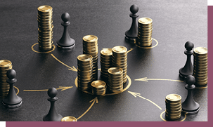 Concept of Funding, Financing Business Project. 3D illustration of generic golden coins and pawns over black background.