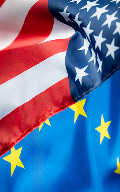 Eu europe union flag and usa united states of america flag. Two waving flags 