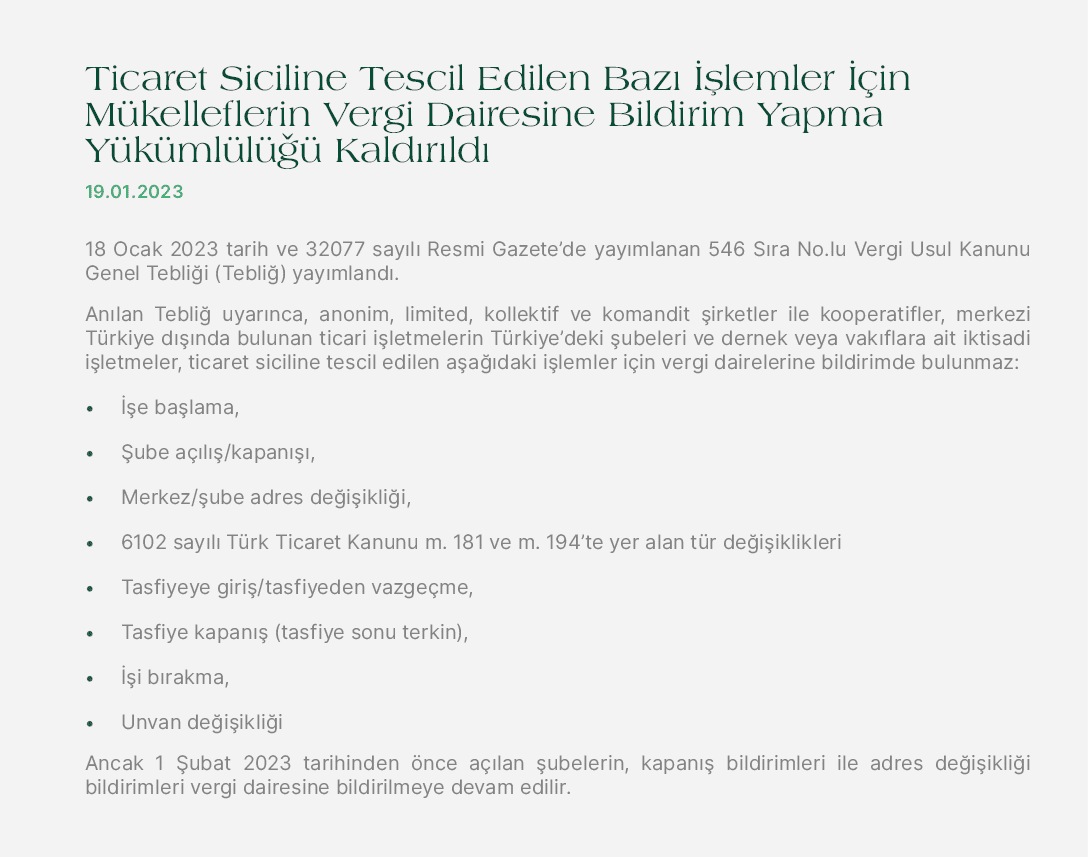 Ticaret Siciline Tescil Edilen Baz   lemler   in M kelleflerin Vergi Dairesine Bildirim Yapma Y k ml l    Kald r ld ...