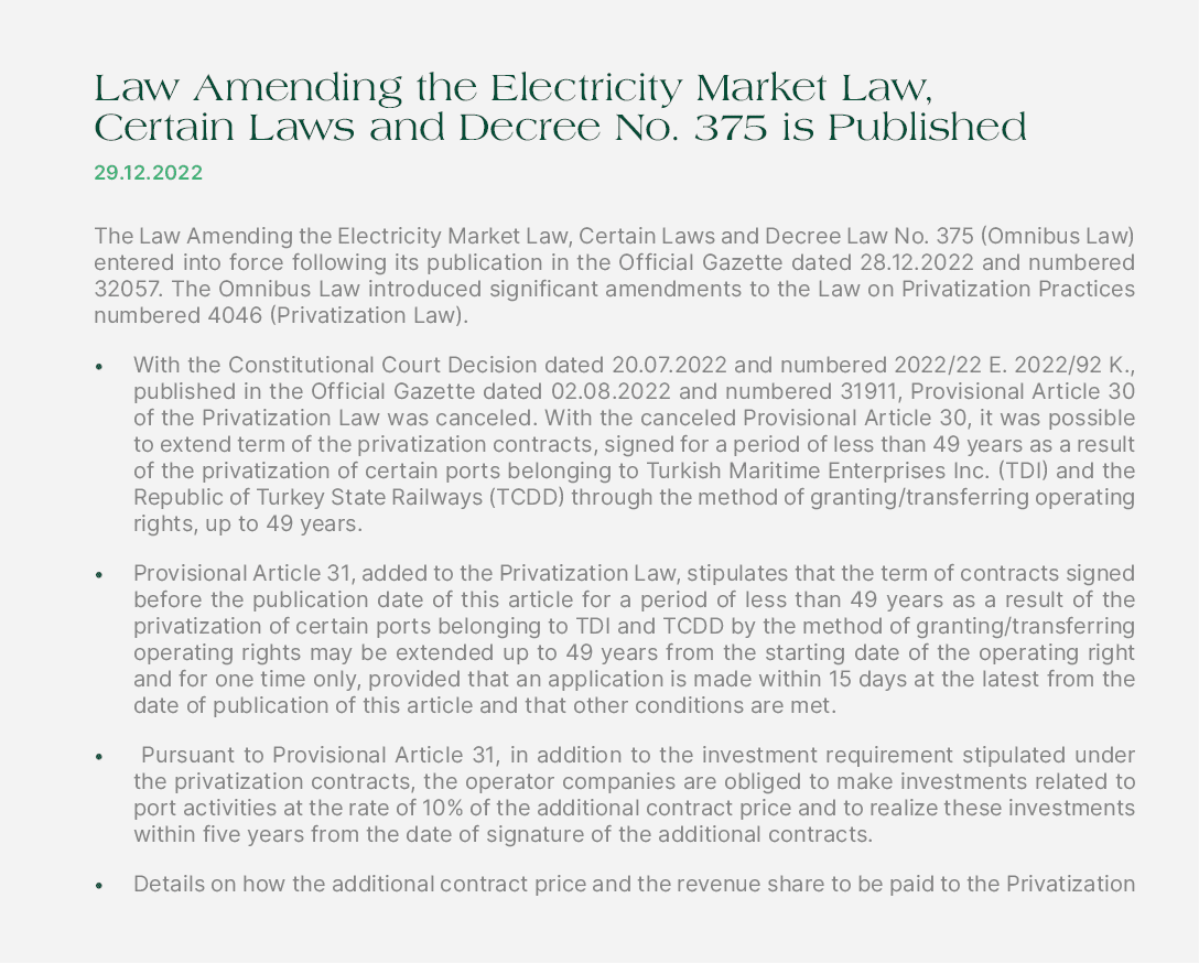 Law Amending the Electricity Market Law, Certain Laws and Decree No. 375 is Published 29.12.2022 The Law Amending the...