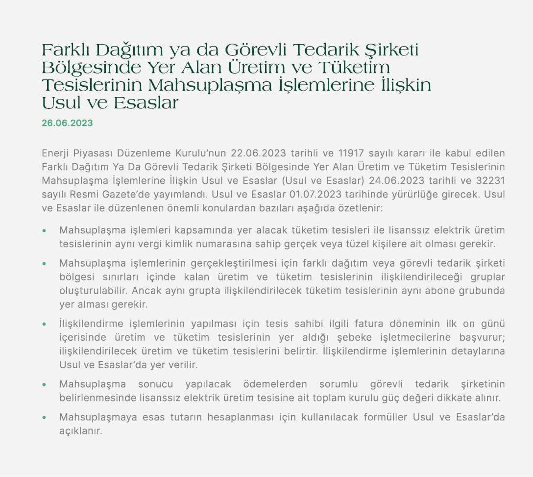 Farkl Da  t m ya da G revli Tedarik  irketi B lgesinde Yer Alan  retim ve T ketim Tesislerinin Mahsupla ma   lemleri...