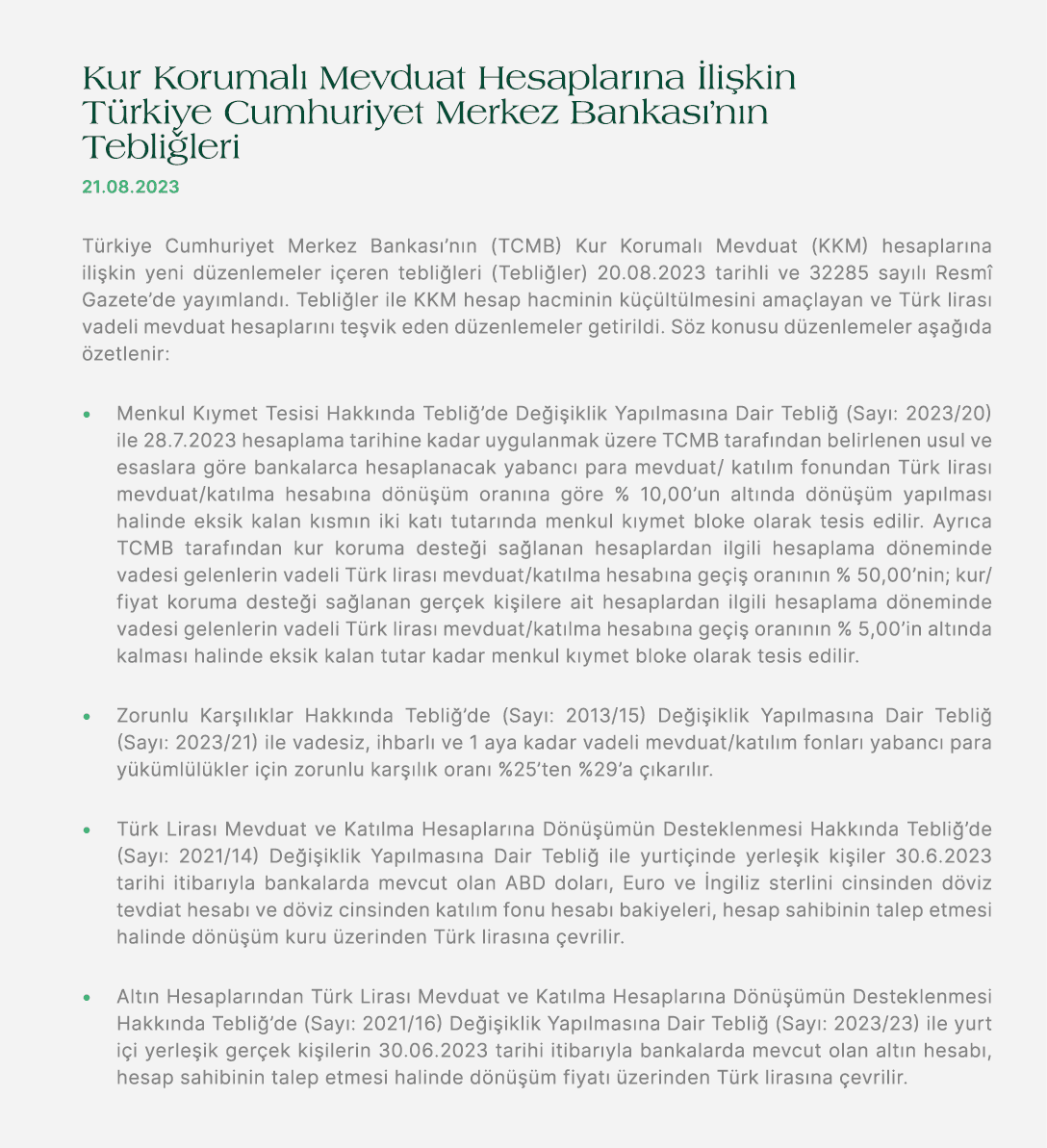 Kur Korumal Mevduat Hesaplar na  li kin T rkiye Cumhuriyet Merkez Bankas ’n n Tebli leri 21.08.2023 T rkiye Cumhuriy...